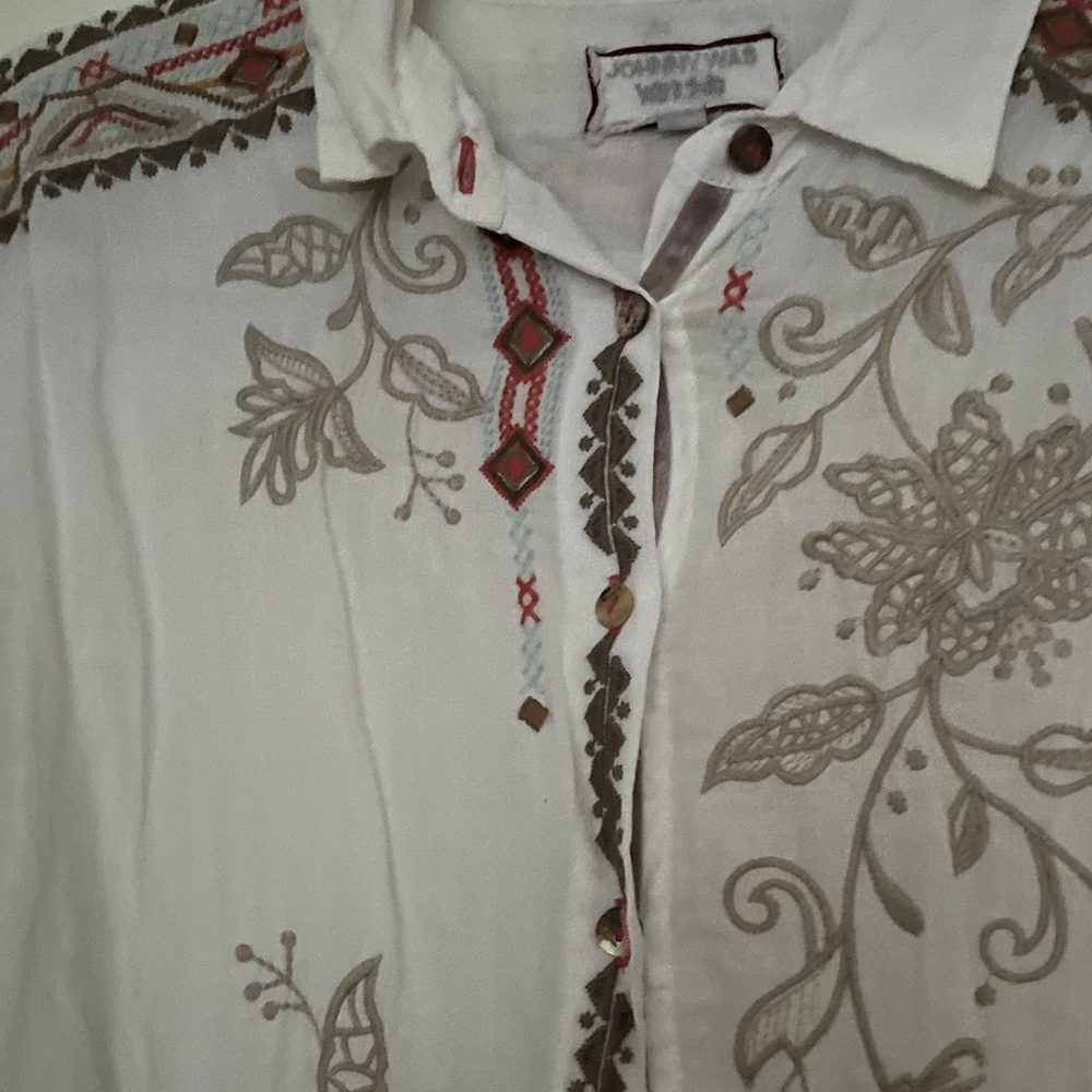 Johnny Was Cream and Tan Floral Embroidered Shirt